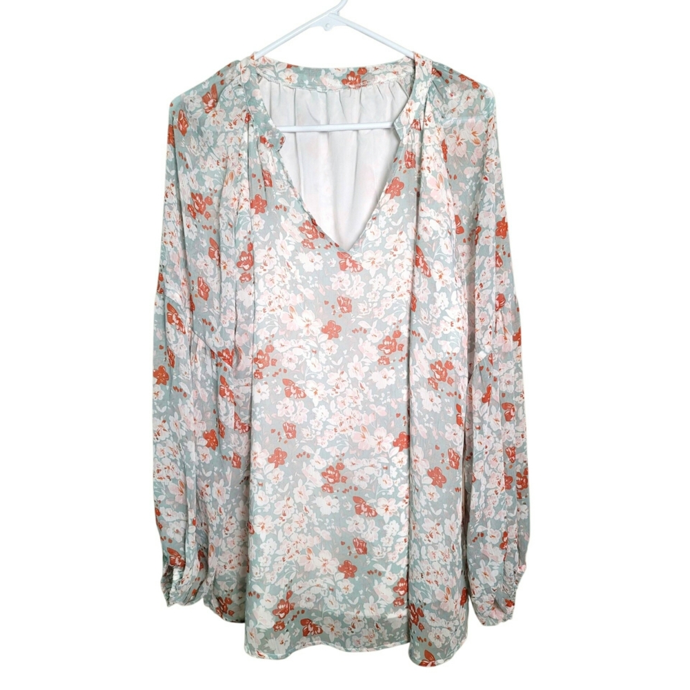 Floral Flowy Long Sleeved  V-Neck Blouse Size 2XL